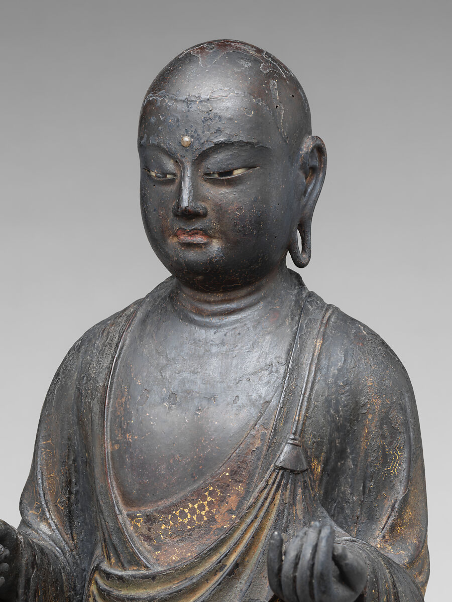Jizō, Bodhisattva of the Earth Store (Kshitigarbha), Kaikei (Japanese, active 1183–1223), Lacquered Japanese cypress, color, gold, cut gold, and inlaid crystal, Japan