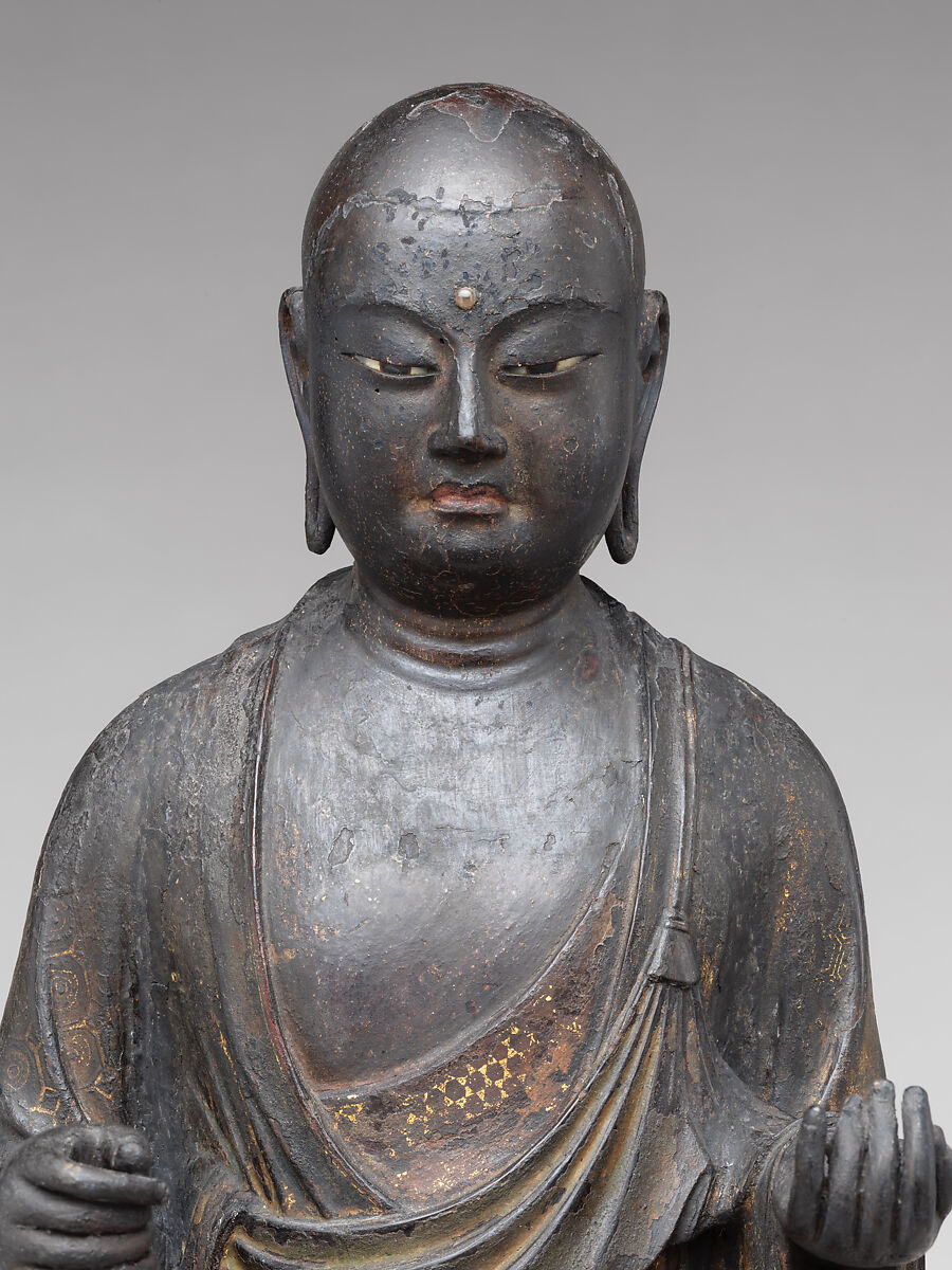 Jizō, Bodhisattva of the Earth Store (Kshitigarbha), Kaikei (Japanese, active 1183–1223), Lacquered Japanese cypress, color, gold, cut gold, and inlaid crystal, Japan