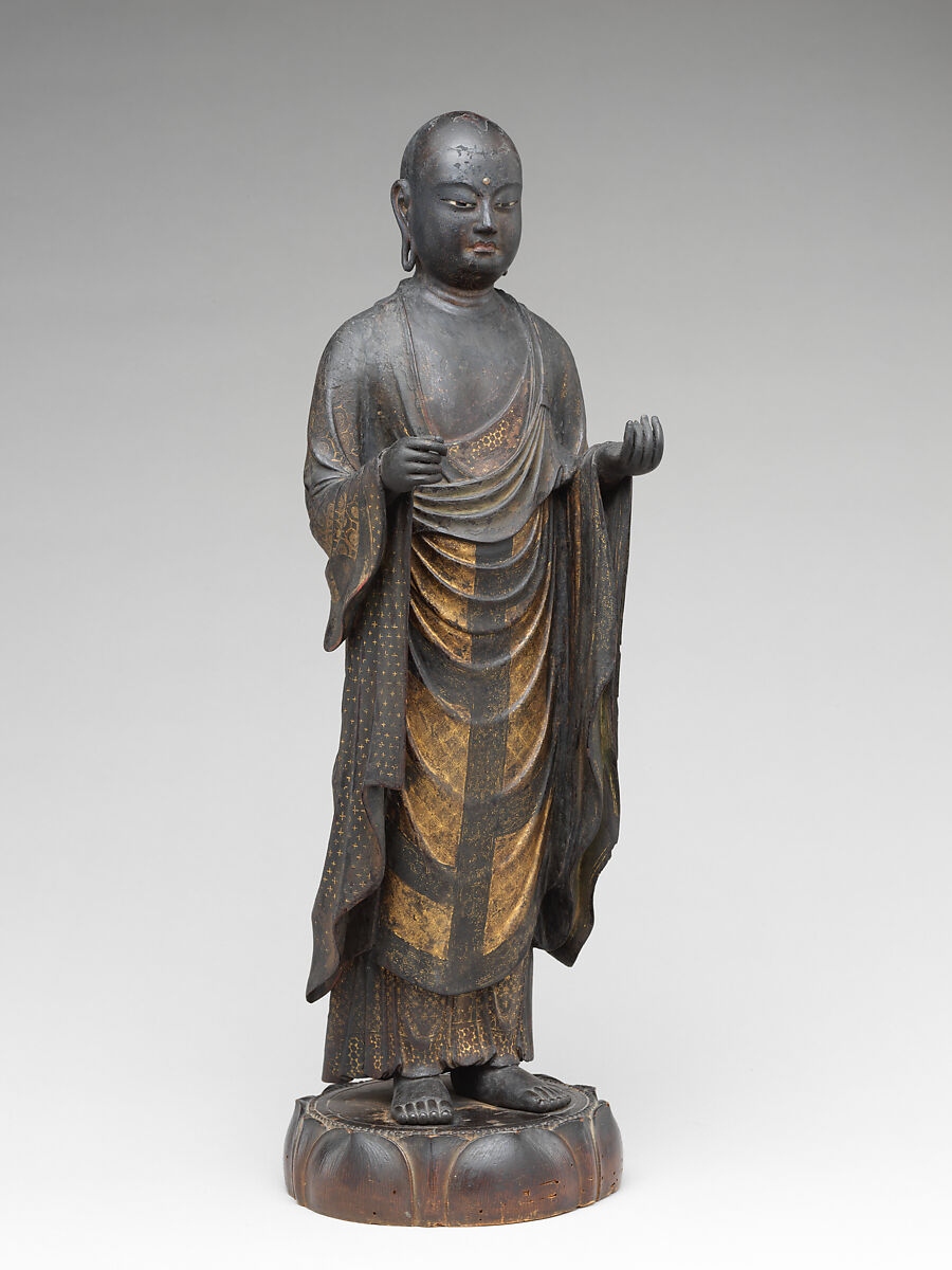 Jizō, Bodhisattva of the Earth Store (Kshitigarbha), Kaikei (Japanese, active 1183–1223), Lacquered Japanese cypress, color, gold, cut gold, and inlaid crystal, Japan