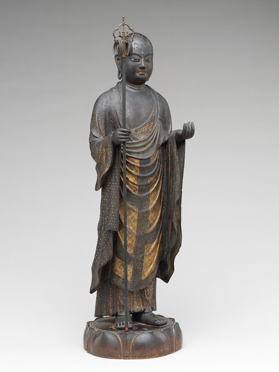 Jizō, Bodhisattva of the Earth Store (Kshitigarbha), Kaikei (Japanese, active 1183–1223), Lacquered Japanese cypress, color, gold, cut gold, and inlaid crystal, Japan