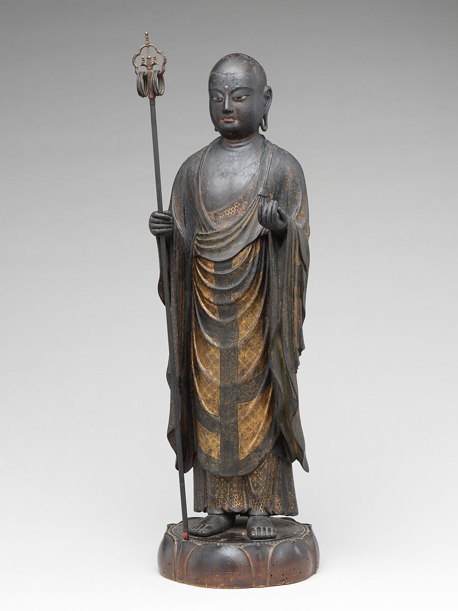 Jizō, Bodhisattva of the Earth Store (Kshitigarbha), Kaikei (Japanese, active 1183–1223), Lacquered Japanese cypress, color, gold, cut gold, and inlaid crystal, Japan