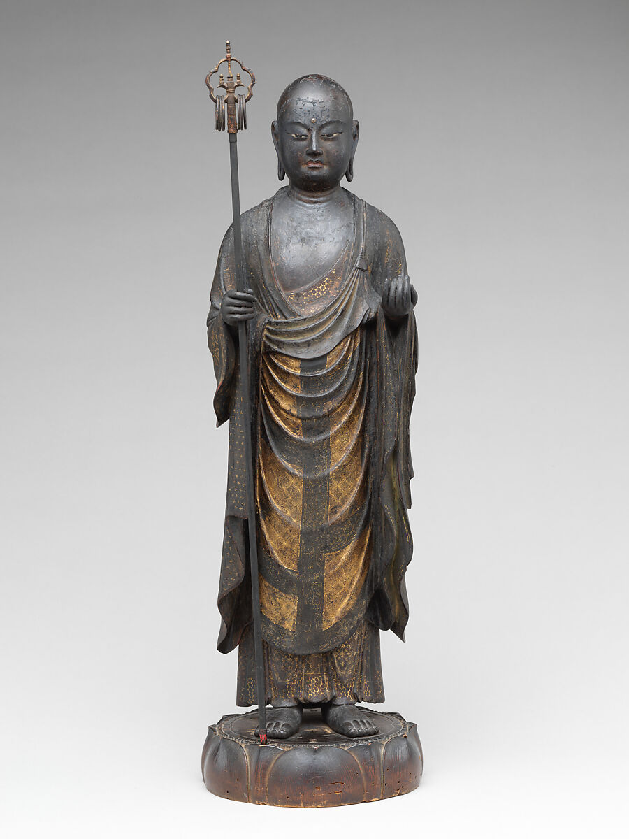 Jizō, Bodhisattva of the Earth Store (Kshitigarbha), Kaikei (Japanese, active 1183–1223), Lacquered Japanese cypress, color, gold, cut gold, and inlaid crystal, Japan
