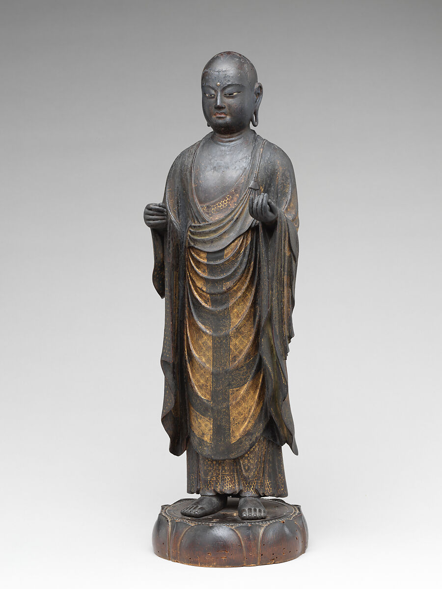 Jizō, Bodhisattva of the Earth Store (Kshitigarbha), Kaikei (Japanese, active 1183–1223), Lacquered Japanese cypress, color, gold, cut gold, and inlaid crystal, Japan