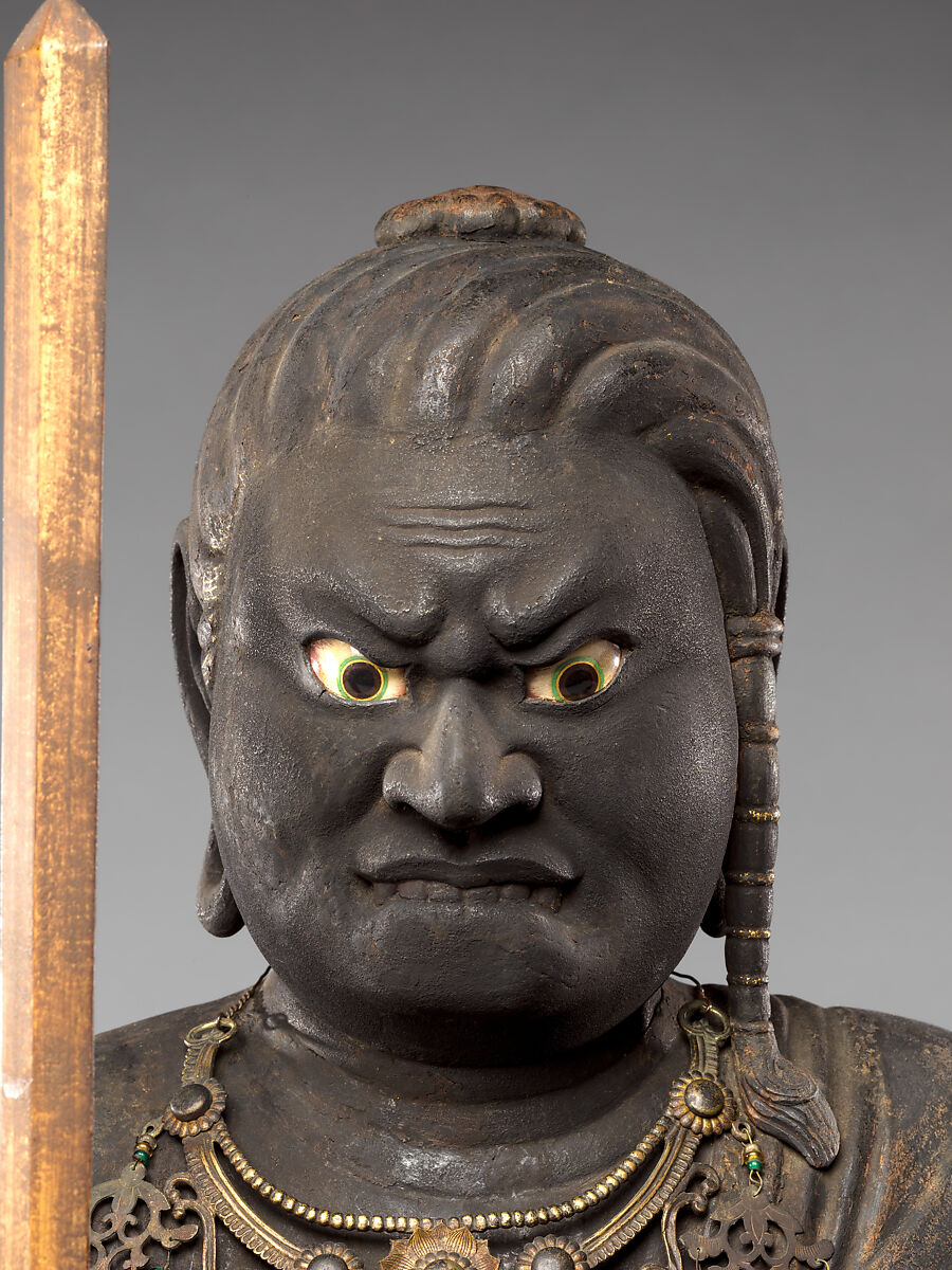 Fudō Myōō, the Immovable Wisdom King (Achala Vidyaraja), Kaikei (Japanese, active 1183–1223), Japanese cypress with lacquer, color, gold, cut gold leaf (kirikane), and inlaid crystal eyes, Japan