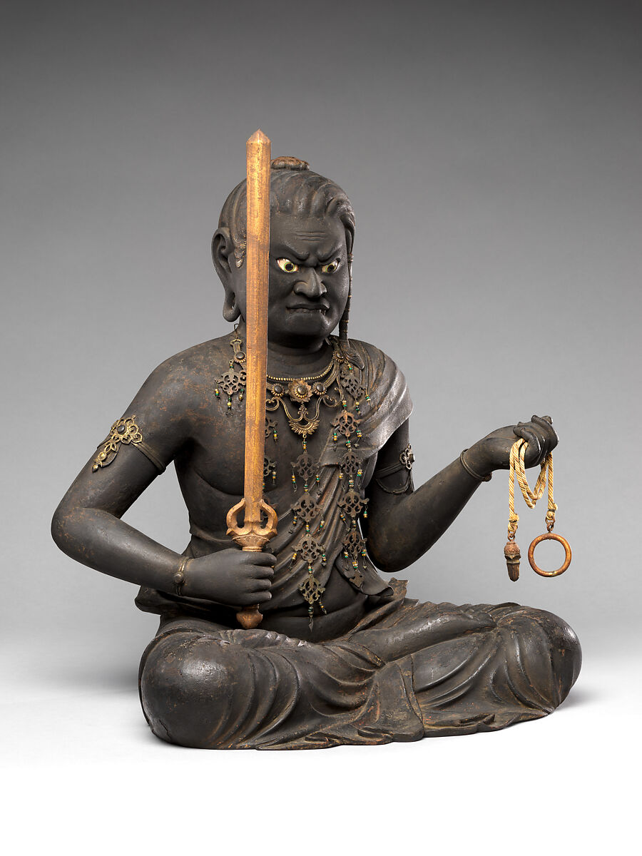 Fudō Myōō, the Immovable Wisdom King (Achala Vidyaraja), Kaikei (Japanese, active 1183–1223), Japanese cypress with lacquer, color, gold, cut gold leaf (kirikane), and inlaid crystal eyes, Japan