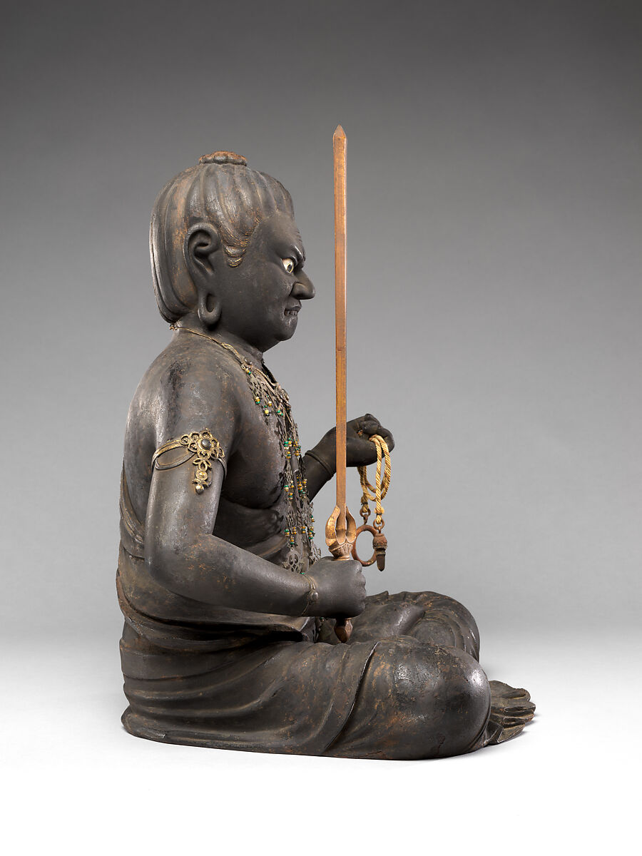 Fudō Myōō, the Immovable Wisdom King (Achala Vidyaraja), Kaikei (Japanese, active 1183–1223), Japanese cypress with lacquer, color, gold, cut gold leaf (kirikane), and inlaid crystal eyes, Japan