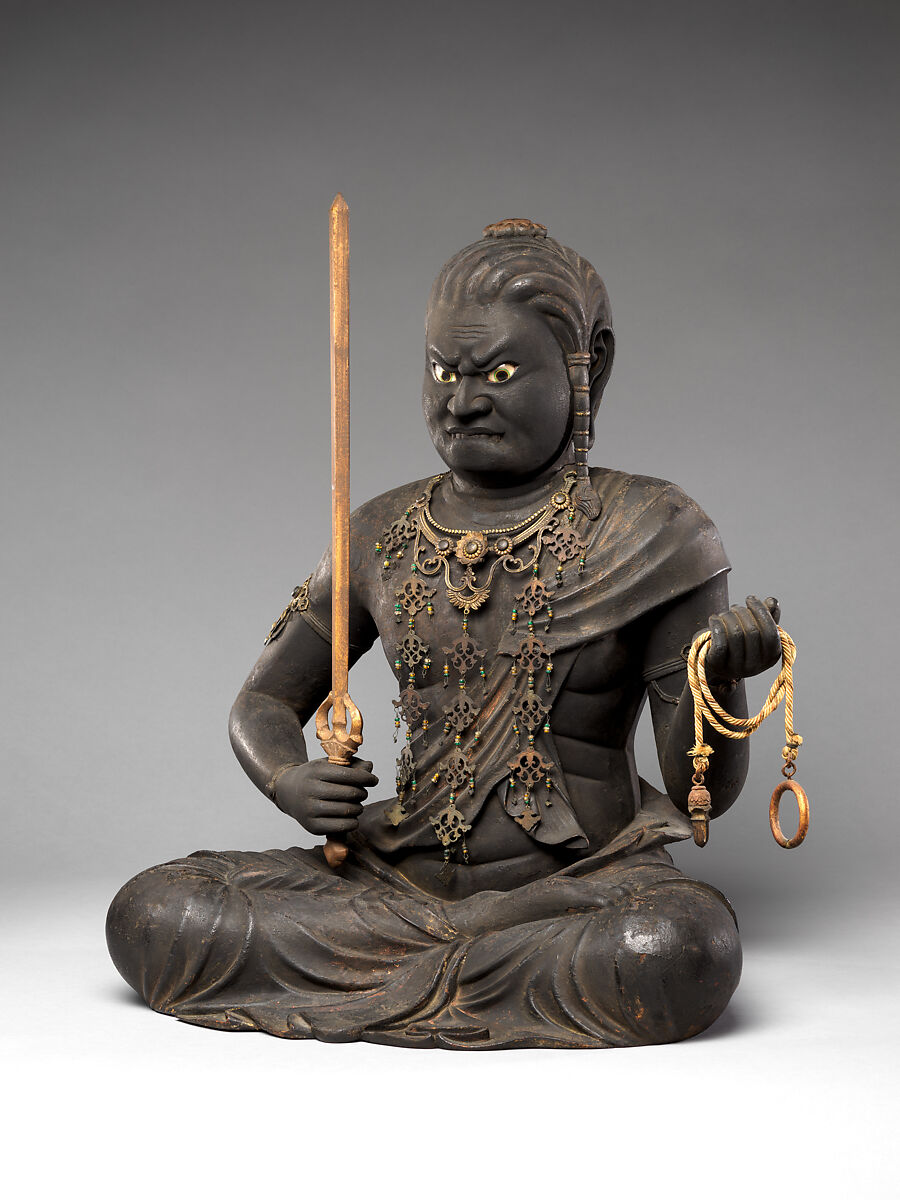 Fudō Myōō, the Immovable Wisdom King (Achala Vidyaraja), Kaikei (Japanese, active 1183–1223), Japanese cypress with lacquer, color, gold, cut gold leaf (kirikane), and inlaid crystal eyes, Japan