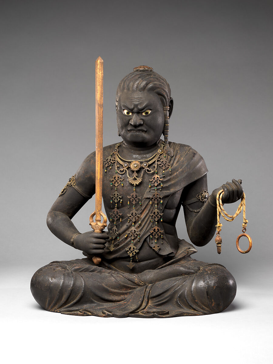 Fudō Myōō, the Immovable Wisdom King (Achala Vidyaraja), Kaikei (Japanese, active 1183–1223), Japanese cypress with lacquer, color, gold, cut gold leaf (kirikane), and inlaid crystal eyes, Japan