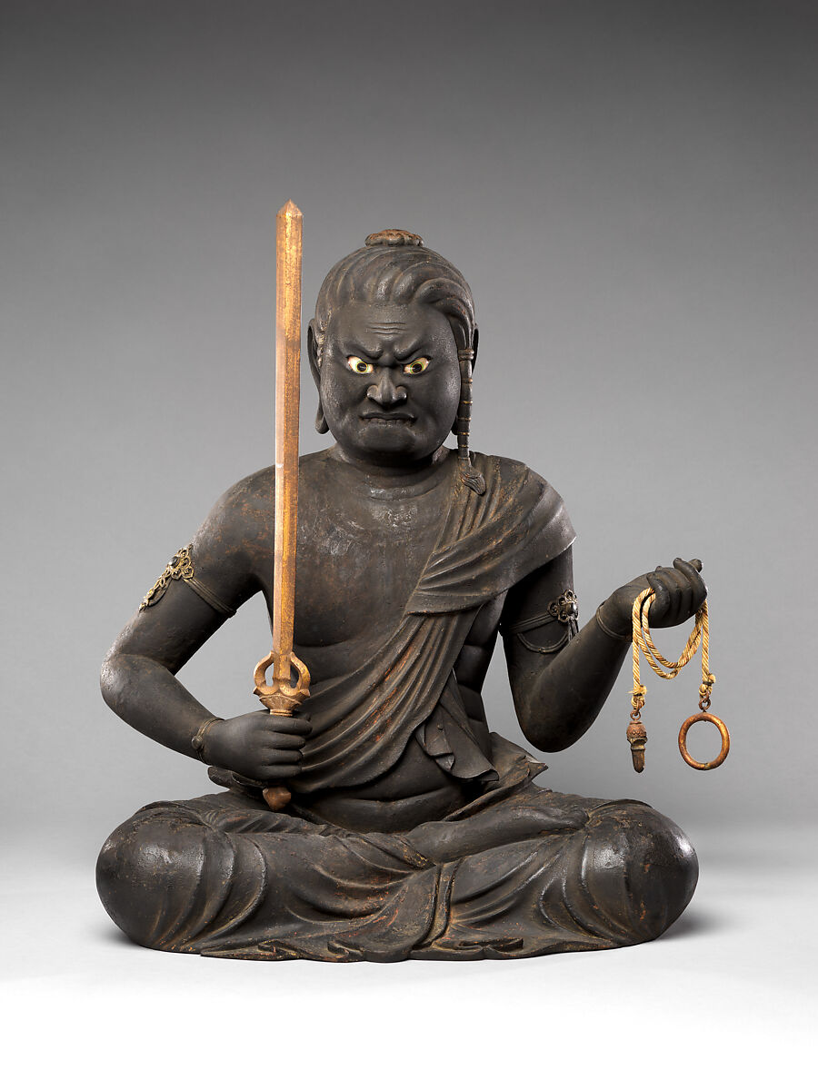 Fudō Myōō, the Immovable Wisdom King (Achala Vidyaraja), Kaikei (Japanese, active 1183–1223), Japanese cypress with lacquer, color, gold, cut gold leaf (kirikane), and inlaid crystal eyes, Japan