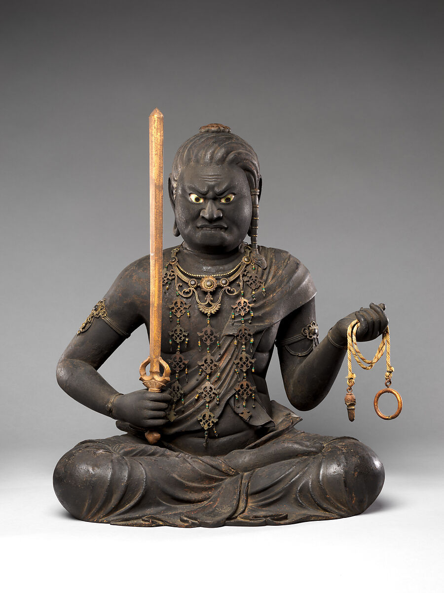 Fudō Myōō, the Immovable Wisdom King (Achala Vidyaraja), Kaikei (Japanese, active 1183–1223), Japanese cypress with lacquer, color, gold, cut gold leaf (kirikane), and inlaid crystal eyes, Japan 