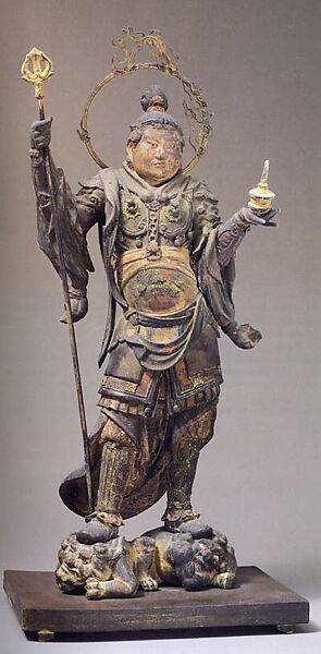 Standing Bishamonten (Vaishravana), Polychromed Japanese cypress and cut gold inlaid with crystal, Japan 