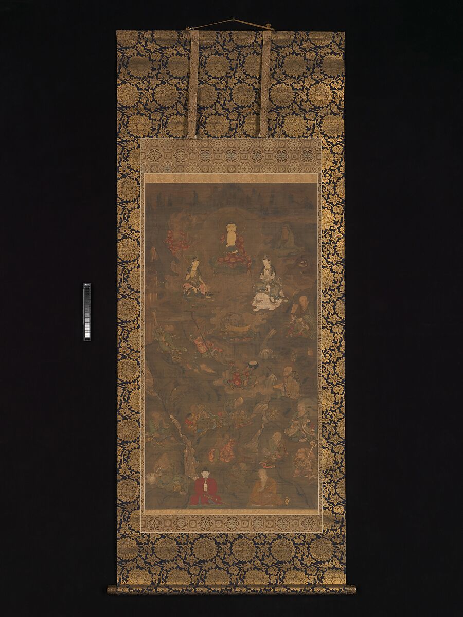 Shaka (Shakyamuni), the Historical Buddha, with Two Attendant Bodhisattvas and Sixteen Arhats, Hanging scroll; ink, color, and gold on silk, Japan