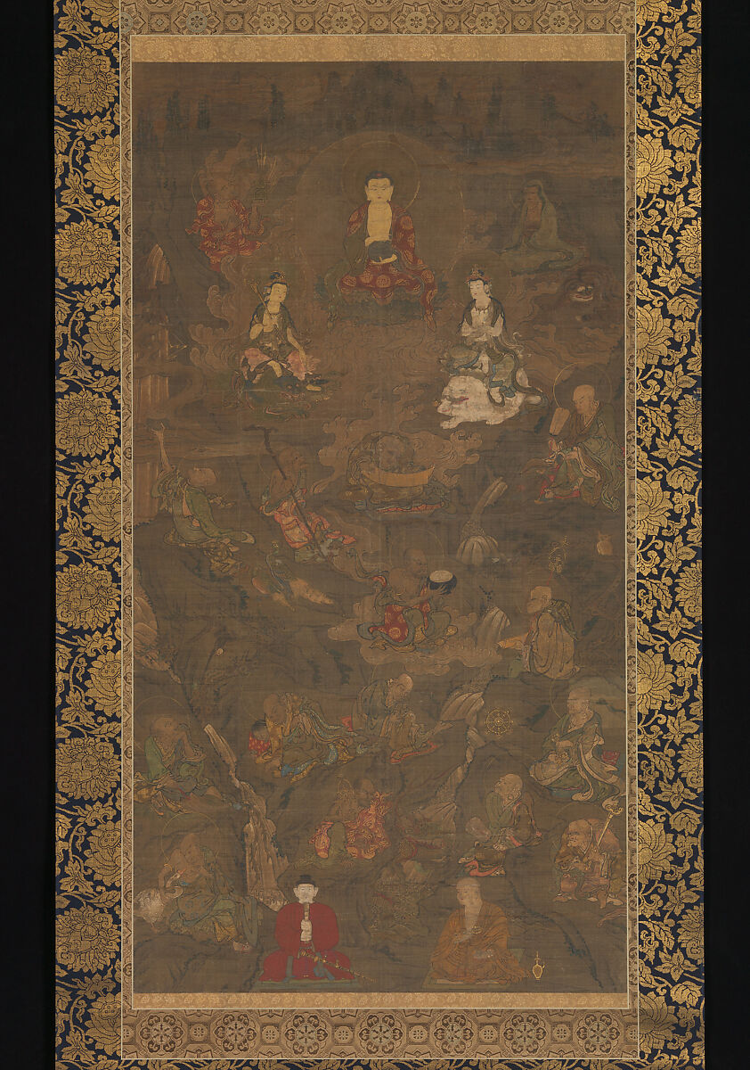 Shaka (Shakyamuni), the Historical Buddha, with Two Attendant Bodhisattvas and Sixteen Arhats, Hanging scroll; ink, color, and gold on silk, Japan 