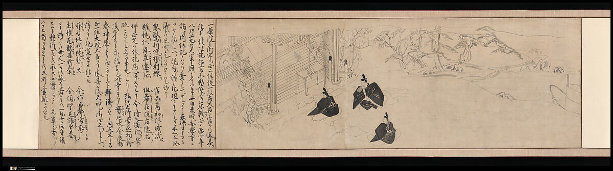 Courtiers Visit Sugawara no Michizane’s Mortuary Temple, from Illustrated Legends of the Kitano Tenjin Shrine, Section of a handscroll, from a set; ink on paper, Japan