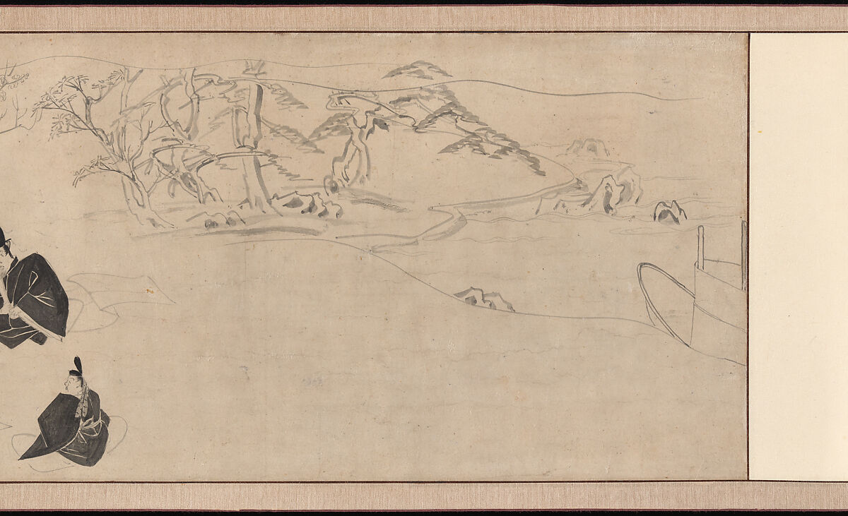 Courtiers Visit Sugawara no Michizane’s Mortuary Temple, from Illustrated Legends of the Kitano Tenjin Shrine, Section of a handscroll, from a set; ink on paper, Japan