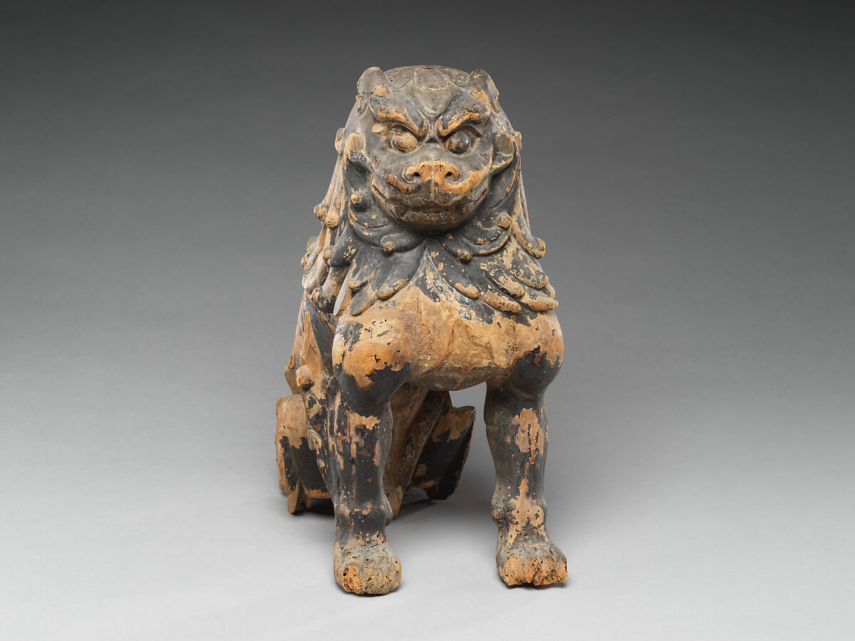 Guardian Lion-Dogs, Japanese cypress with lacquer, gold leaf, and color, Japan