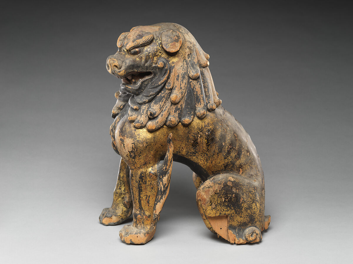 Guardian Lion-Dogs, Japanese cypress with lacquer, gold leaf, and color, Japan