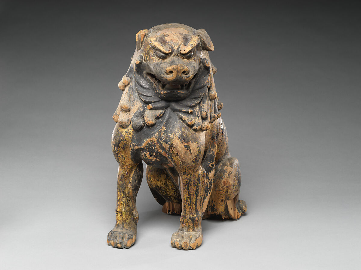 Guardian Lion-Dogs, Japanese cypress with lacquer, gold leaf, and color, Japan