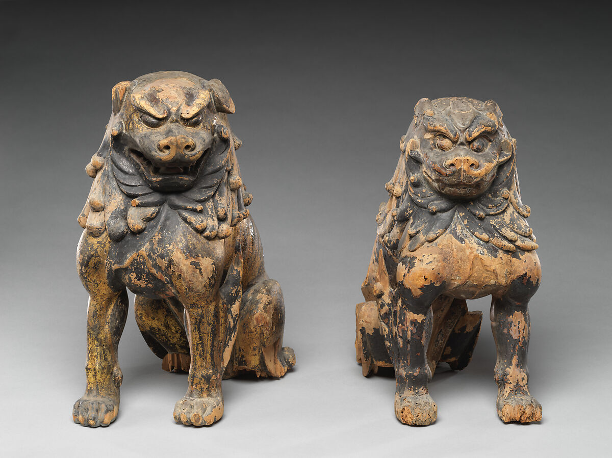 Guardian Lion-Dogs, Japanese cypress with lacquer, gold leaf, and color, Japan 