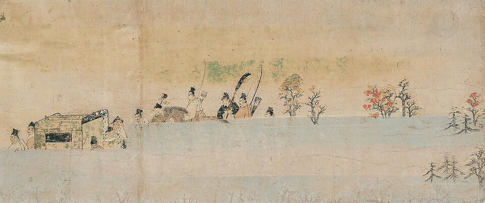 The Tale of Sumiyoshi, a) Painting section from a handscroll mounted as a hanging scroll; ink and color on paper
b) Calligraphy from handscroll section mounted as a hanging scroll; ink on paper, Japan