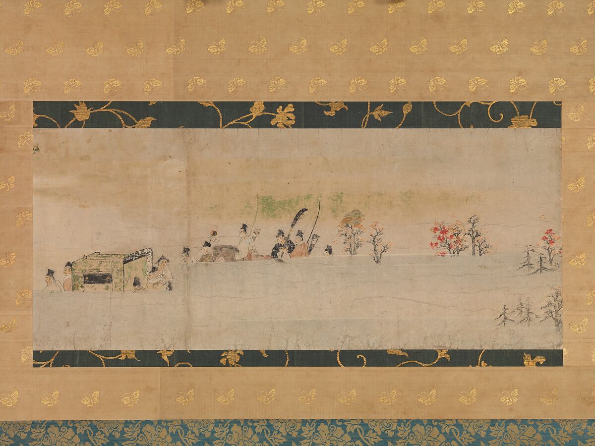 The Tale of Sumiyoshi, a) Painting section from a handscroll mounted as a hanging scroll; ink and color on paper<br/>b) Calligraphy from handscroll section mounted as a hanging scroll; ink on paper, Japan