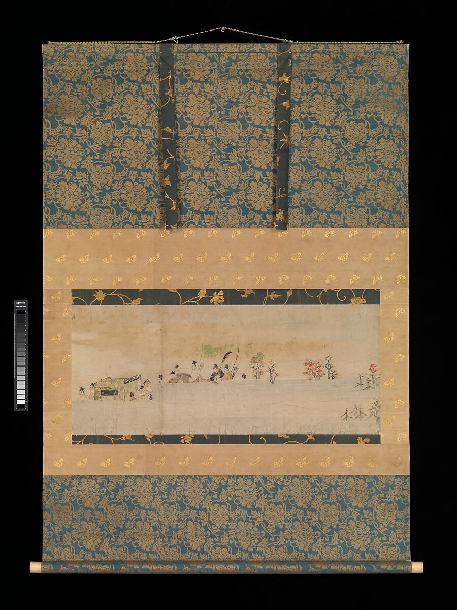 The Tale of Sumiyoshi, a) Painting section from a handscroll mounted as a hanging scroll; ink and color on paper
b) Calligraphy from handscroll section mounted as a hanging scroll; ink on paper, Japan