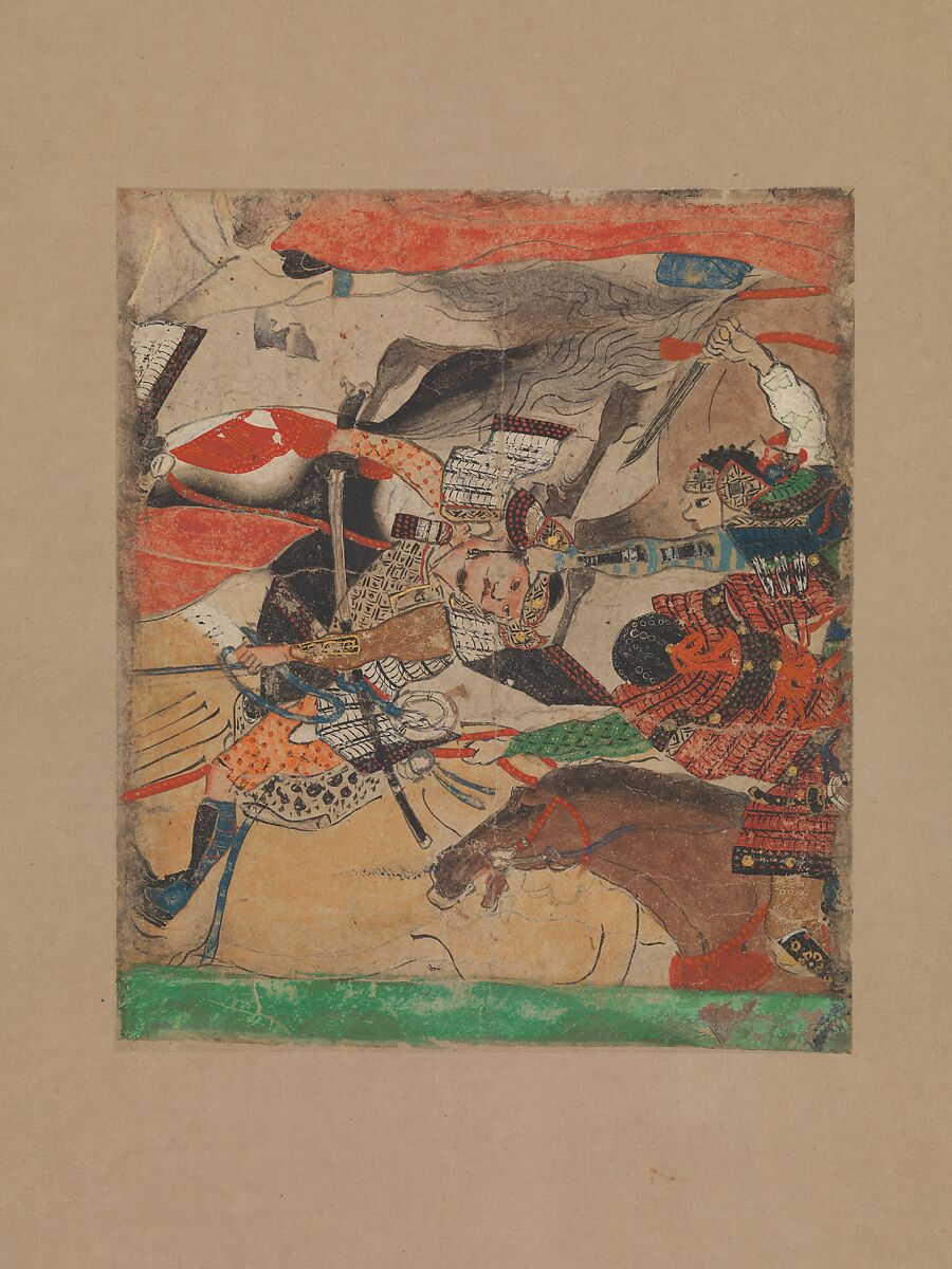 Battle at Rokuhara, from The Tale of the Heiji Rebellion, Fragment of a handscroll mounted as a hanging scroll; ink, color, and gold on paper, Japan