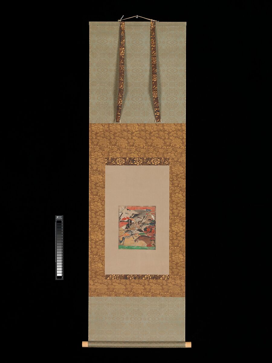 Battle at Rokuhara, from The Tale of the Heiji Rebellion, Fragment of a handscroll mounted as a hanging scroll; ink, color, and gold on paper, Japan
