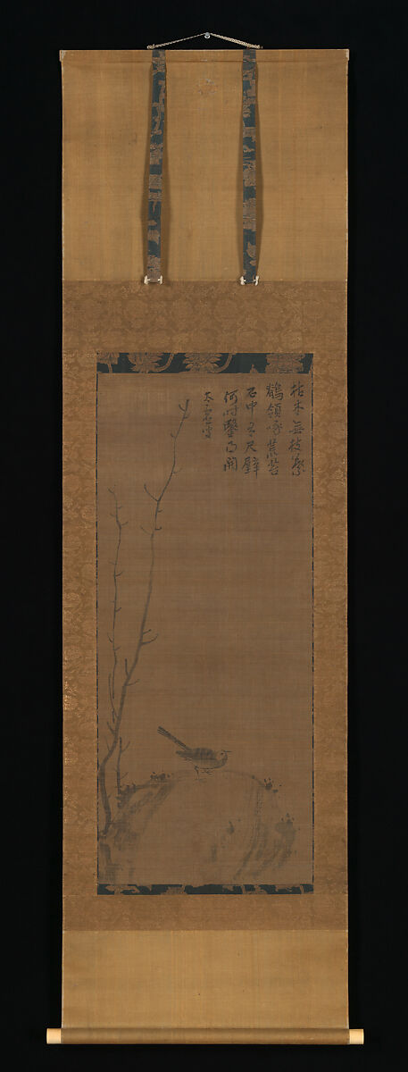 Wagtail on a Rock, Attributed to Taikyo Genju (Japanese, active mid-14th century), Hanging scroll; ink on silk, Japan