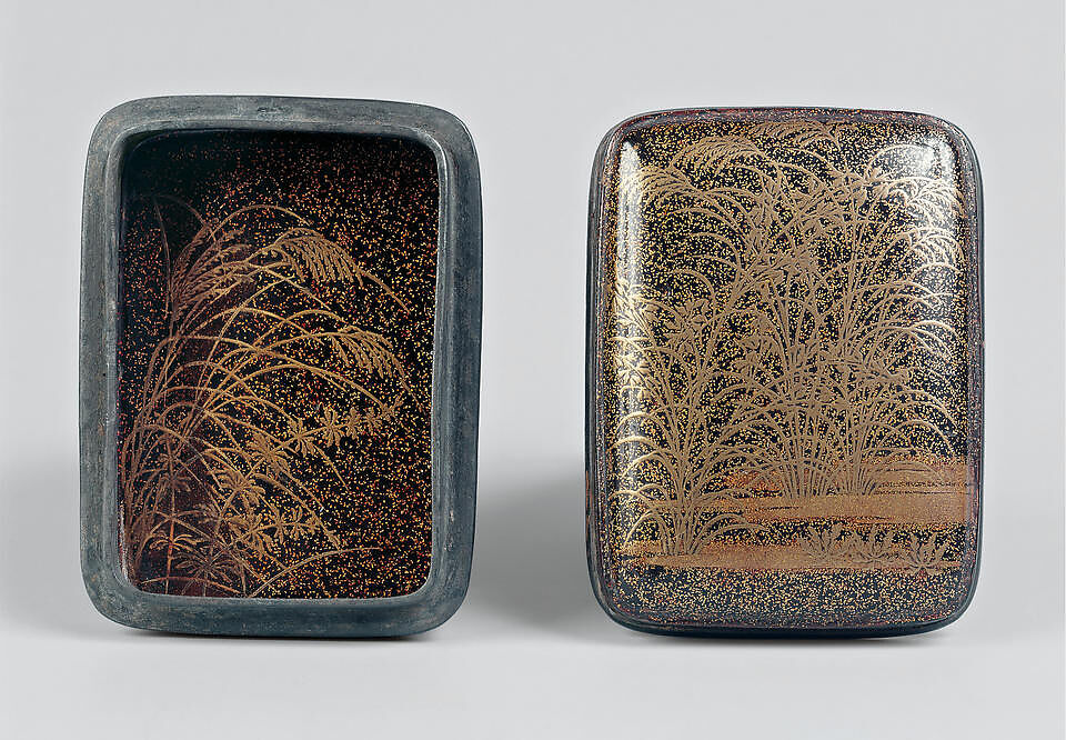 Incense Box (Kogo) with Design of Autumn Grasses, Black lacquer with gold maki-e on gold nashiji ground, Japan 