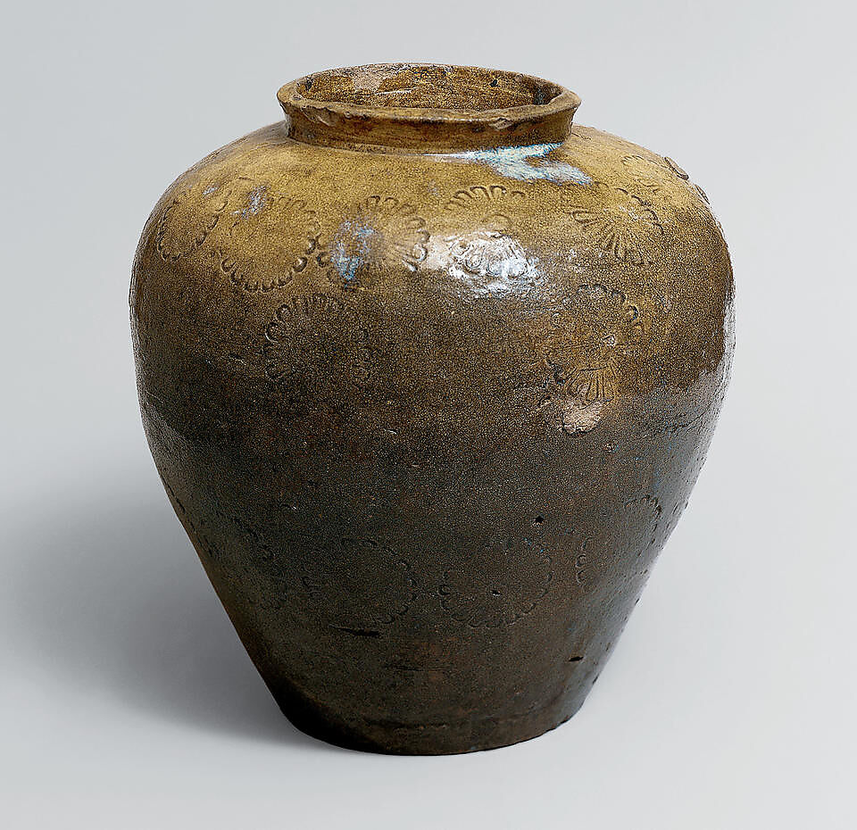 Jar (Tsubo) with Chrysanthemums, Ash-glazed stoneware with stamped decoration (Ko-Seto ware), Japan 