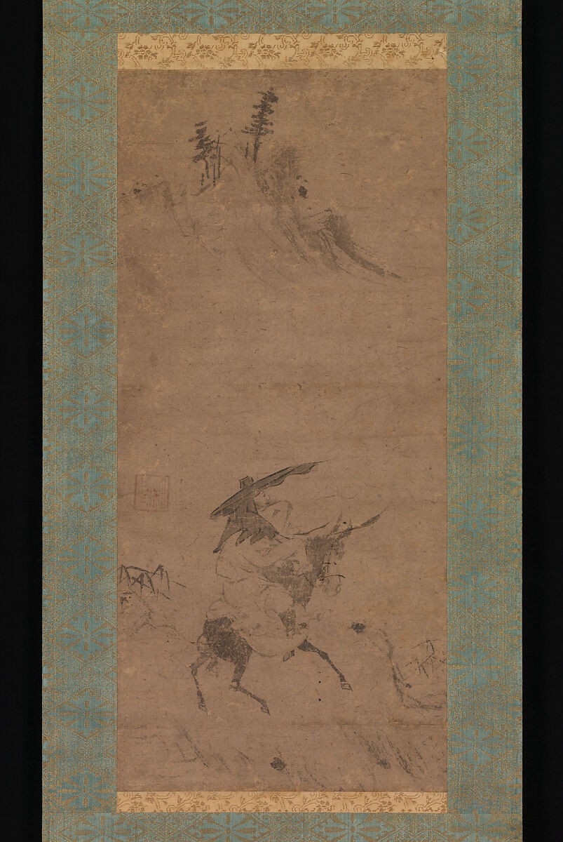 Su Shi Riding a Donkey, Bokudō Sojun (Japanese, 1373–1459), Hanging scroll; ink and gold on paper, Japan 