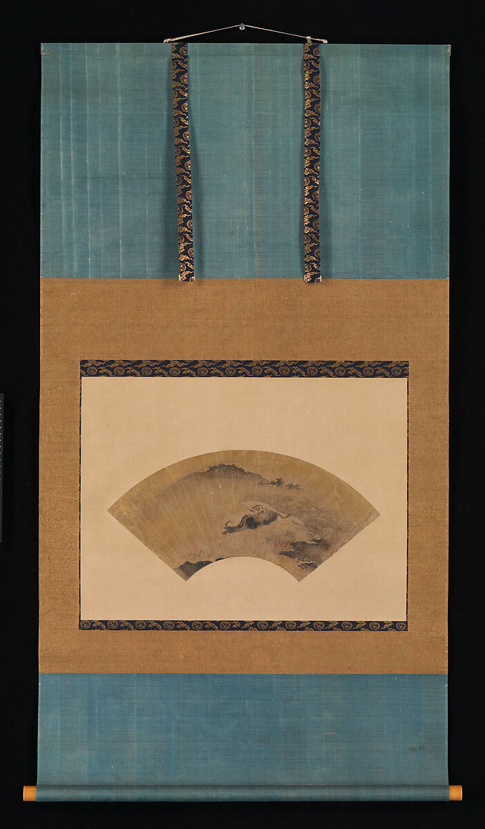 Herd Boy with Ox, Attributed to Kano Masanobu 狩野正信 (Japanese, ca. 1434–ca. 1530), Folding fan mounted as a hanging scroll; ink and gold on paper, Japan