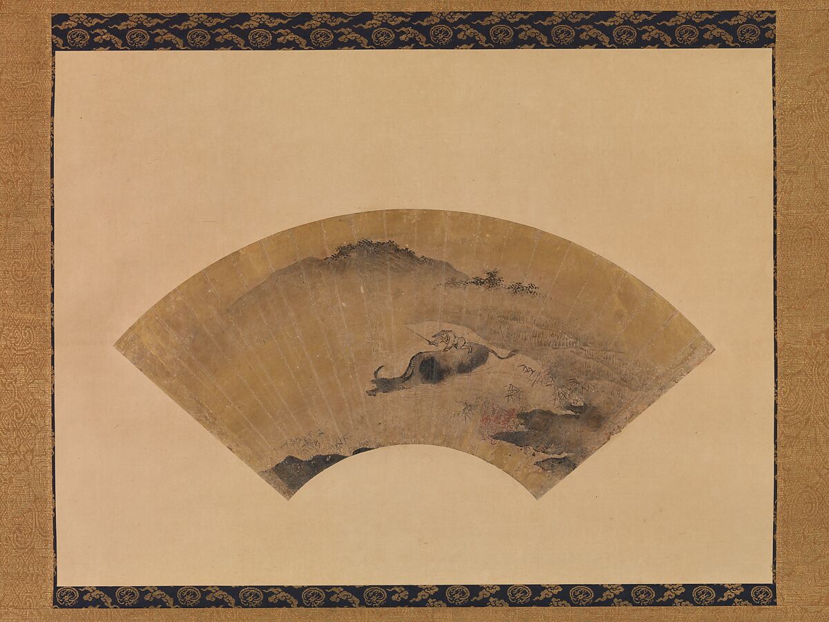 Herd Boy with Ox, Attributed to Kano Masanobu 狩野正信 (Japanese, ca. 1434–ca. 1530), Folding fan mounted as a hanging scroll; ink and gold on paper, Japan 