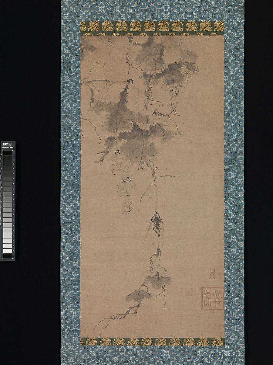 Cicada on a Grapevine, Bokurin Guan (Japanese, active late 14th century), Hanging scroll; ink on paper, Japan 