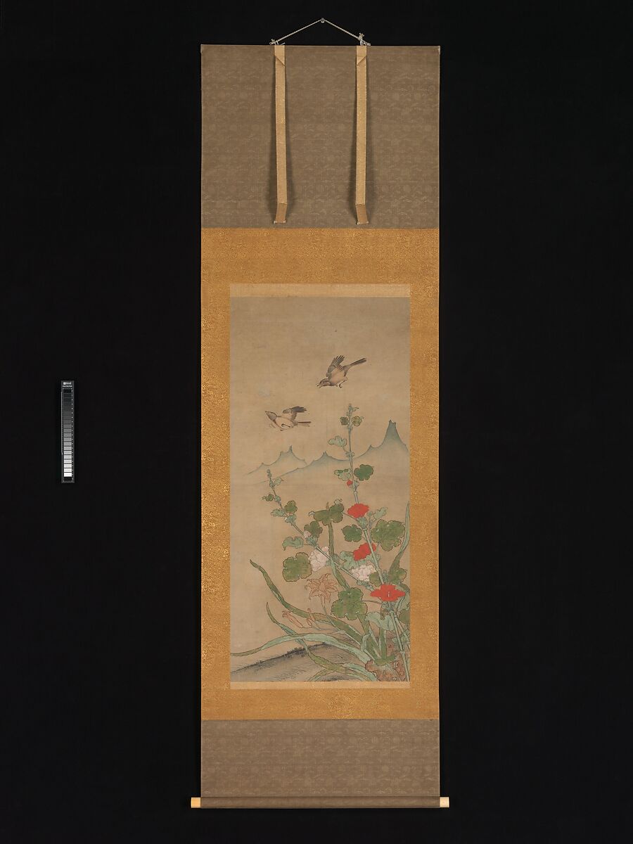 Birds and Flowers of Summer and Autumn, Shikibu Terutada (Japanese, active mid–16th century), Pair of hanging scrolls; ink and color on paper, Japan