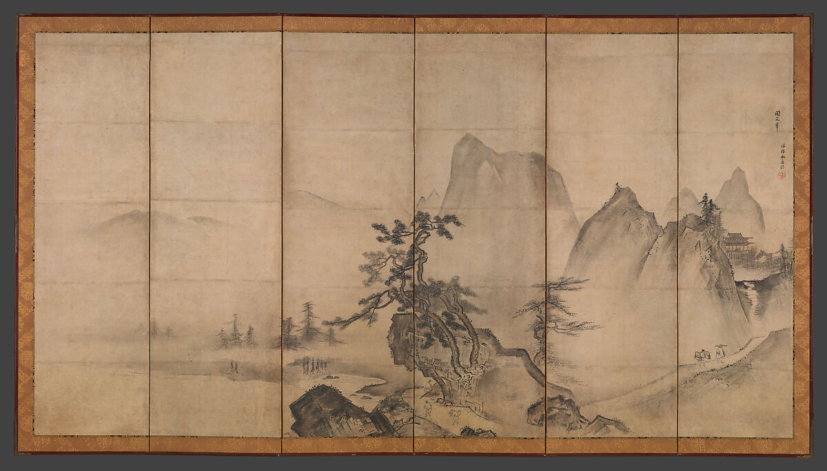 Mountain Landscape, Traditionally attributed to Tenshō Shūbun (Japanese, active 1414–before 1463), Pair of six-panel folding screens; ink and color on paper, Japan 