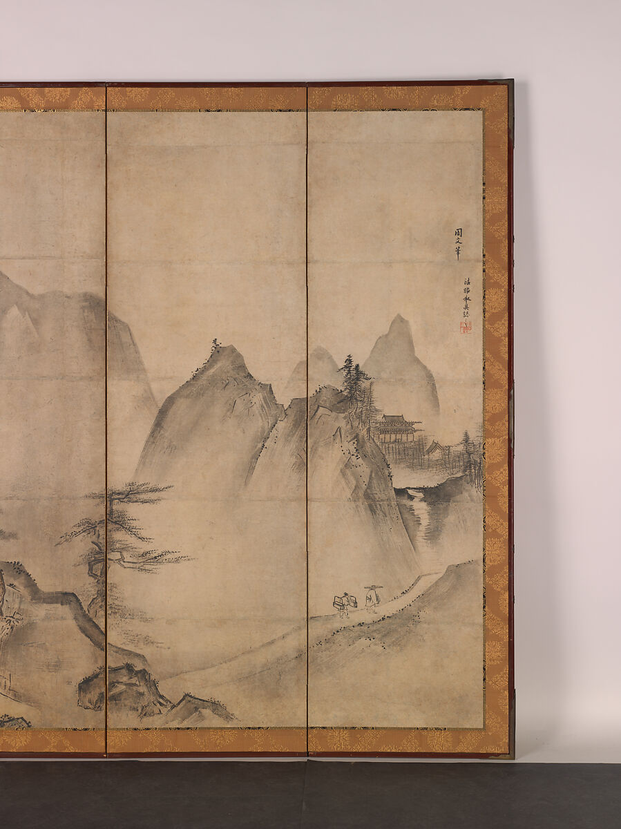 Mountain Landscape, Traditionally attributed to Tenshō Shūbun (Japanese, active 1414–before 1463), Pair of six-panel folding screens; ink and color on paper, Japan