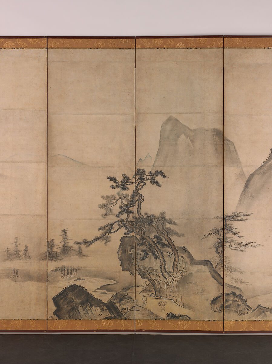 Mountain Landscape, Traditionally attributed to Tenshō Shūbun (Japanese, active 1414–before 1463), Pair of six-panel folding screens; ink and color on paper, Japan