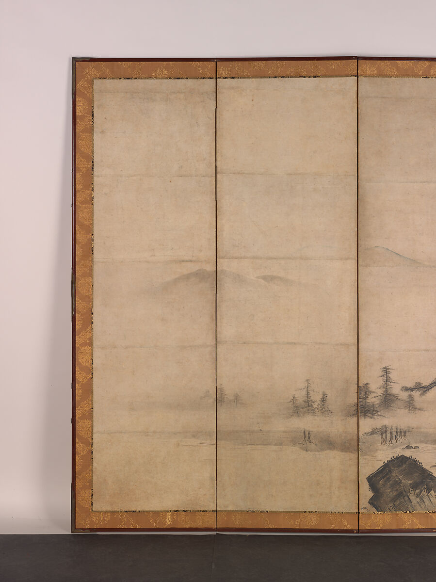 Mountain Landscape, Traditionally attributed to Tenshō Shūbun (Japanese, active 1414–before 1463), Pair of six-panel folding screens; ink and color on paper, Japan