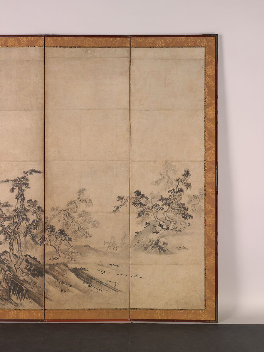 Mountain Landscape, Traditionally attributed to Tenshō Shūbun (Japanese, active 1414–before 1463), Pair of six-panel folding screens; ink and color on paper, Japan