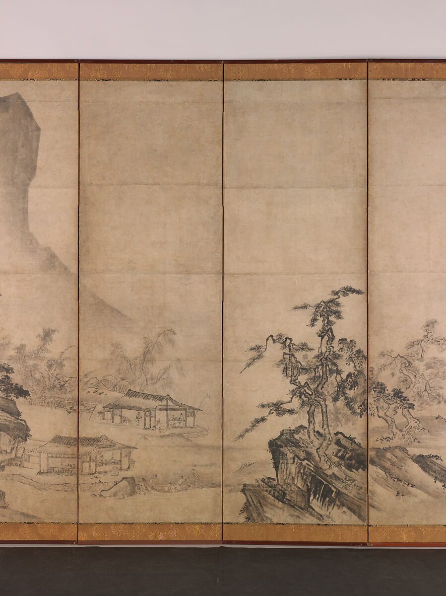 Mountain Landscape, Traditionally attributed to Tenshō Shūbun (Japanese, active 1414–before 1463), Pair of six-panel folding screens; ink and color on paper, Japan