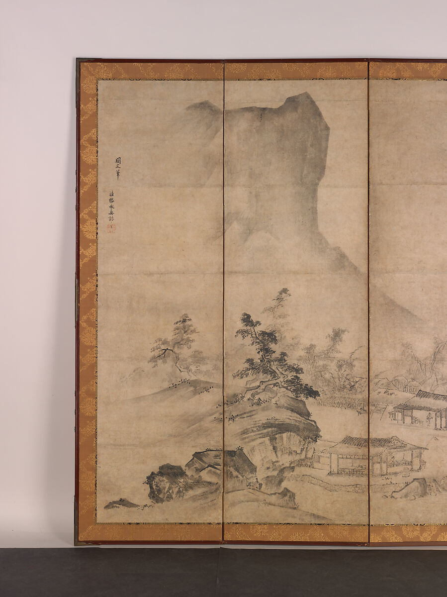 Mountain Landscape, Traditionally attributed to Tenshō Shūbun (Japanese, active 1414–before 1463), Pair of six-panel folding screens; ink and color on paper, Japan