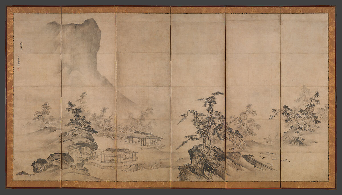 Mountain Landscape, Traditionally attributed to Tenshō Shūbun (Japanese, active 1414–before 1463), Pair of six-panel folding screens; ink and color on paper, Japan