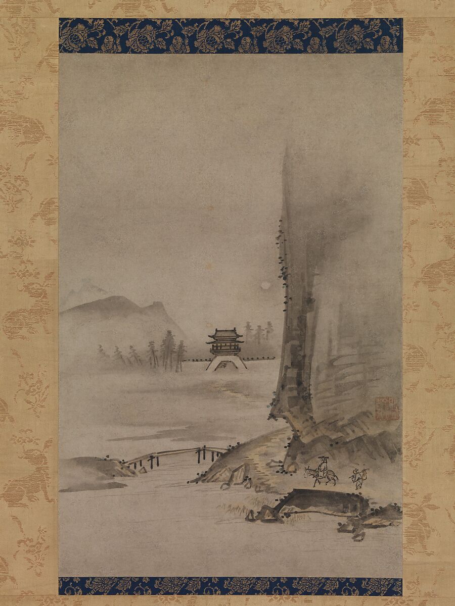 Two Views from the Eight Views of the Xiao and Xiang Rivers, Kantei (Japanese, active second half of 15th century), Pair of hanging scrolls; ink and color on paper, Japan