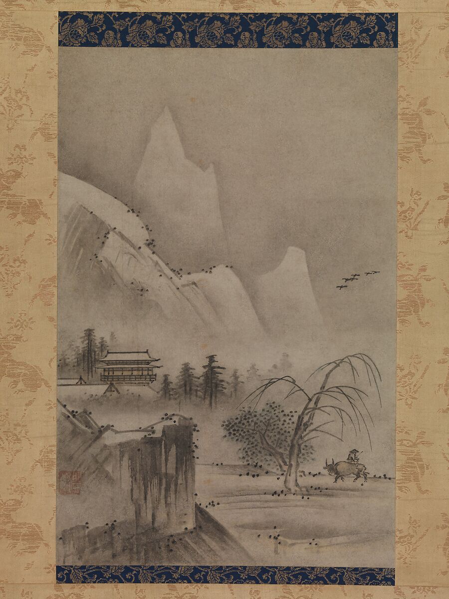 Two Views from the Eight Views of the Xiao and Xiang Rivers, Kantei (Japanese, active second half of 15th century), Pair of hanging scrolls; ink and color on paper, Japan