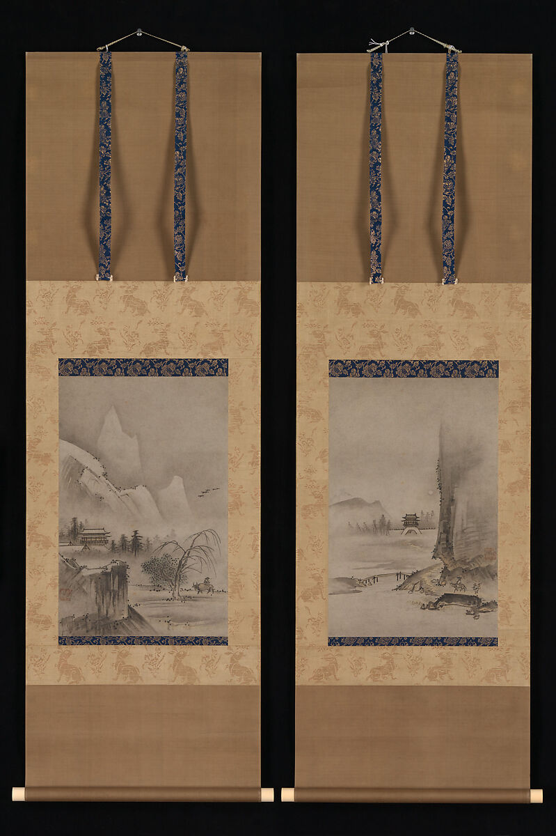 Two Views from the Eight Views of the Xiao and Xiang Rivers, Kantei (Japanese, active second half of 15th century), Pair of hanging scrolls; ink and color on paper, Japan