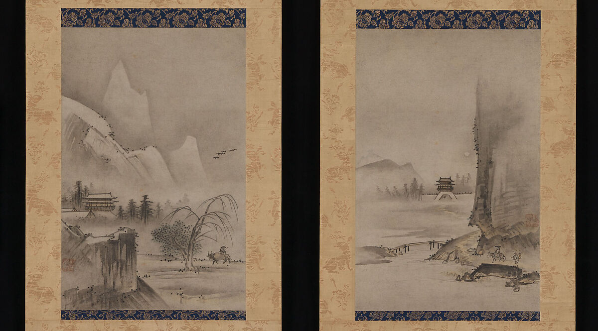 Two Views from the Eight Views of the Xiao and Xiang Rivers, Kantei (Japanese, active second half of 15th century), Pair of hanging scrolls; ink and color on paper, Japan 