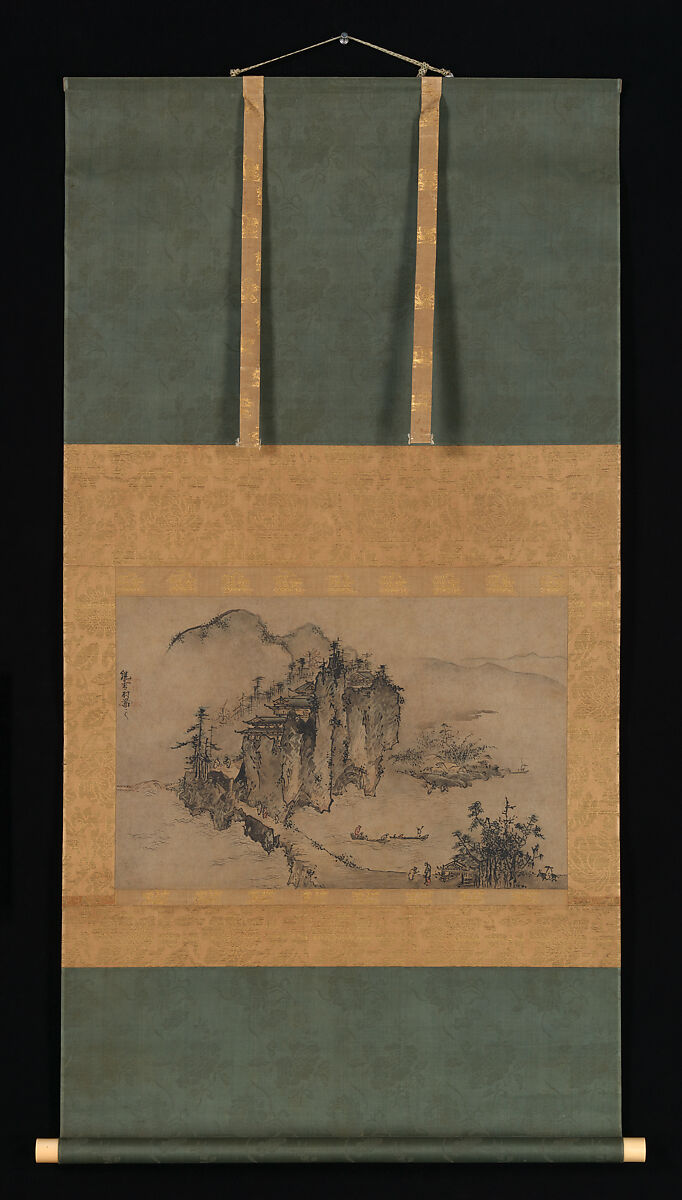 Landscape with Rocky Precipice, Sesson Shūkei (ca. 1504–ca. 1589), Hanging scroll; ink and color on paper, Japan
