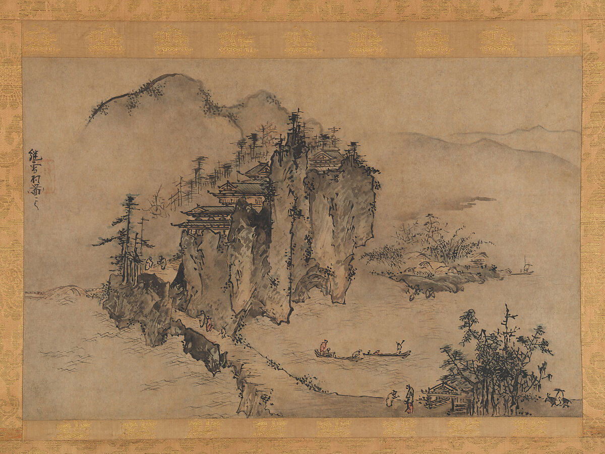 Landscape with Rocky Precipice, Sesson Shūkei (ca. 1504–ca. 1589), Hanging scroll; ink and color on paper, Japan 